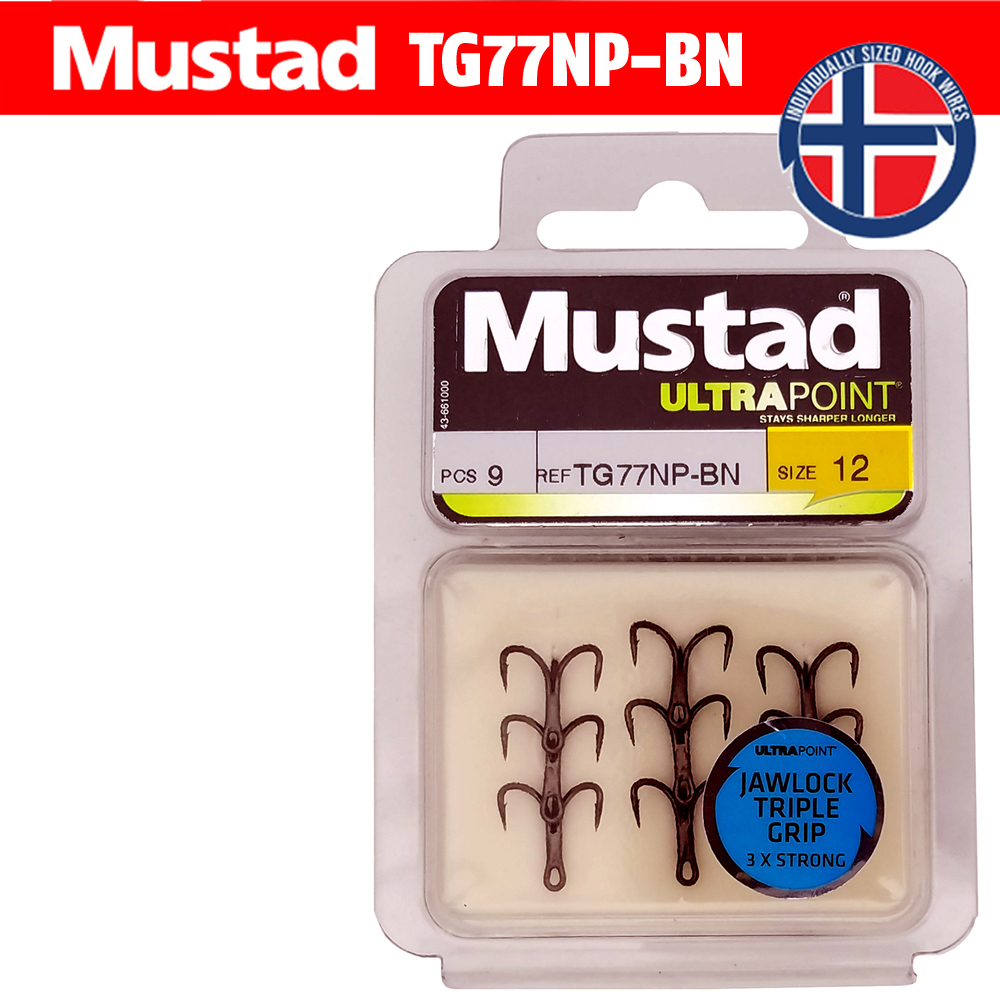 Original Mustad Fishing Hooks TG77NP-BN Treble Hook High Carbon Steel  Barbed Jawlock 3X Strong Lure Ocean Fishing Anchor Tackle